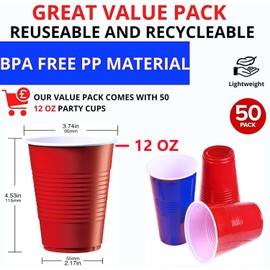QXNDXQ Party Cup Set, 50 Pong Cups 500 ml/16 Oz, Party Cups Red and Blue, Repeatable Cups for New Year, Christmas, Camping, Wedding (Red)
