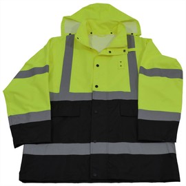Petra Roc LBRJK-C3-2X Rain Parka Jacket ANSI/ISEA Class 3 Waterproof, Two Tone Lime/Black with Detachable Hood, Storm Flap & Zipper/Snap Closure, No Lining, 2X