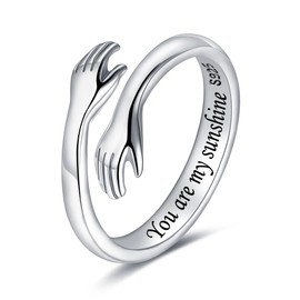 LOVECOM S925 Sterling Silver Hug Rings for Women Adjustable Hugging Hands Open Ring for Men Promise Rings Jewelry Birthday Mothers Day Gifts for Dad Mom Wife Daughters Grandma Best Friend, US Size 7,