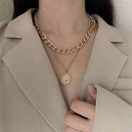 Inateannal Layered Cuban Chain Necklace Chunky Link Choker Necklace Gold Coin Disc Pendant Necklace Punk Cuban Link Curb Necklace Vintage Medallion Coin Necklace Chain
