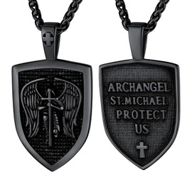 Bandmax Shield Shape Patron Saint Pendant Necklace for Men Women Black Archangel Michael Medal + Wheat Chain 55 + 5 cm Amulet Fashion Jewellery for Birthday