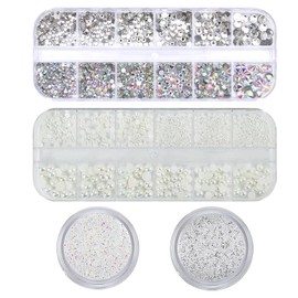 Azushwer 4 Boxes Nail Art Rhinestones, Nail Charms, Pearl Crystals Beads Flatback Clear AB Nail Gems Design, Glitter Nail Accessories for DIY Manicure Crafts Face