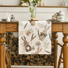 Artoid Mode Bunny Rabbit Eucalyptus Eggs Carrots Easter Table Runner, Seasonal Spring Kitchen Dining Table Decoration for Home Party Decor 13x36 Inch