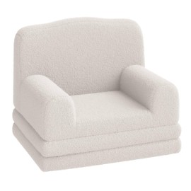 GarveeHome Kids Couch, 2-in-1 Comfy Toddler Couch Fold Out, Convertible Sofa to Lounger Foam Kids Chair with Soft Sherpa, Gift for Girls and Boys (Beige-Crown, Large)