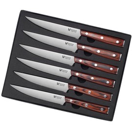 WALLOPTON Set of 6 Steak Knives - Sturdy Full Tang Wood Handle, Fine Serrated Sharp Edge for Smooth Cutting - High Carbon German Stainless Steel - 5'' Dinner Knife Set with Gift Box