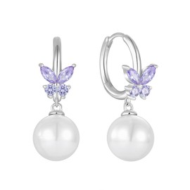 Rocayi Pearl Hoop Huggie Earrings 925 Sterling Silver Butterfly Drop Dangle Earrings June Birthstone Earrings Alexandrite Jewelry for Women