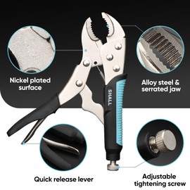 SHALL 6-Piece Locking Pliers, Vice Grips Pliers Set, 5",7" & 10" Curved Jaw Locking Pliers, 6-1/2" & 9-1/2 Long Nose Locking Pliers, 6" Locking C-Clamp, Two-Color TPR Handle, Roll Up Pouch Included