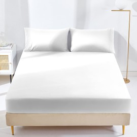 YIYEA Sábana bajera de microfibra cepillada de 1800 hilos, bolsillo profundo de hasta 16 pulgadas, ultrasuave, resistente a las arrugas y a la decoloración (tamaño matrimonial, blanco)