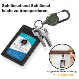 Pack of 2 Retractable Key Chain, Durable Lanyard Extendable with Carabiner, ID Card Holder Extendable with 60 cm Steel Wire Rope for Card Holder, Keys (Black + Dark Green)
