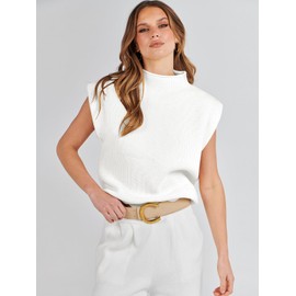 ANRABESS Women's Mock Neck Sleeveless Sweater Vest Casual Cap Sleeve Knit Pullover Tank Tops 2024 Fall Summer Clothes White-S