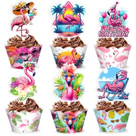 48PCS Flamingo Themed Birthday Party Decorations | 24PCS Cupcake Toppers & 24PCS Cupcake Wrappers Party Favors Supplies Pink Animals Centerpiece Table Gifts for Boys Girls Carnival Prizes