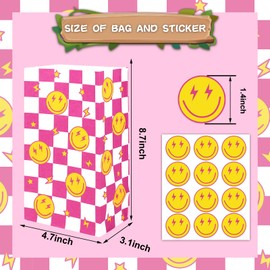AnyDesign 24 Count Hot Pink Checkered Smile Face Paper Party Bags with Tag Stickers for Preppy Party, Birthday, Bachelorette, Baby Shower