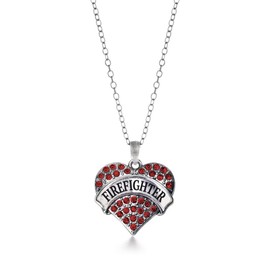 Inspired Silver - Firefighter - Silver Necklace for Women - Red Pave Heart Pendant Chain Necklace Jewelry Gift with Cubic Zirconia - Women's Necklace Charm with Lobster Claw Clasp