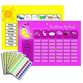 kids2learn Children's Morning & Bedtime Routine Reward Charts (Twin Pack) & 270 Stickers for girls Daily Routine Visual Aid - Pink & Yellow