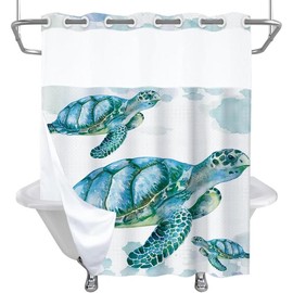 Beach Nautical Sea Turtle Theme No Hook Waffle Weave Shower Curtain with Snap in Liner Nautical Beach Bathroom Blue Ocean Decor Set 72 W x 74 H Inch Teal - Color: 72W x 80H