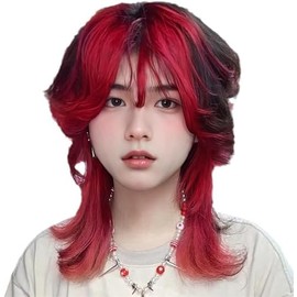 1pcs Long Red Black Wig Layered Shaggy Wig with Bangs Soft Synthetic Cosplay Hair Wig for Women (Red Black, 12inch)