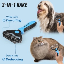 Docrok Pet Grooming Combo - Blue Deshedding Brush with Metal Comb for Detangling