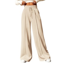 BTFBM Womens Wide Leg Sweatpants Casual Loose Solid Color Pants Comfy Lounge Joggers Baggy Sweatpants Pockets(Solid Beige,Small)