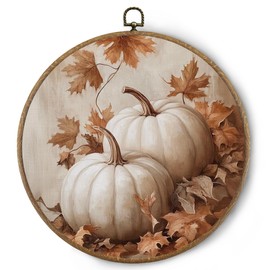 BitKAM Fall White Pumpkin Round Wall Art Decor, Farmhouse Fall Canvas Prints Framed, Rustic Autumn Pumpkin Maple Leaf Wall Hanging Decorations for Home Bedroom Living Room, 10x10 Inch Wall Sculptures