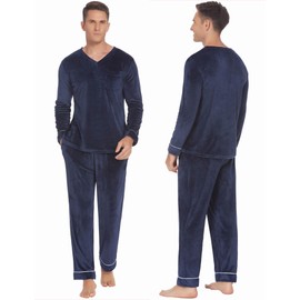Ekouaer Couples Matching Pajamas Sets Velvet PJs Set for Men and Women Velour Long Sleeve Sleepwear S-XXL Navy