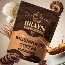 BRAYN Mushroom Coffee Supplement with Lion’s Mane, Cordyceps & Reishi – Brain & Focus Support, Natural Energy, Stress Relief – Adaptogenic Blend with Coffee Powder – 30 Servings, 150 Grams