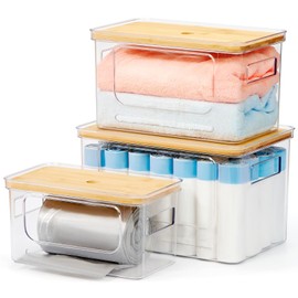 KitHero 3-Pack Trash Bag Holder,Trash Bag Dispenser with Bamboo Lid, Stackable Acrylic Garbage Bag Dispenser for Under Sink Use in Kitchen, Laundry Room, and Pantry, Large Capacity Garbage Bag Holder