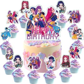 25 decoraciones de pastel de cazadores de películas demoníacas con 24 adornos para cupcakes, 1 adorno para pastel de feliz cumpleaños, suministros de fiesta temática de dibujos animados, perfecto para decoraciones de fiesta de cumpleaños