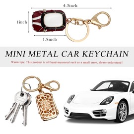 povtii Car Key Chain, Rhinestone Detail 3D Cute Car Model Keychain, Mini Cooper Metal Key Chain with Ring, Car Accessories (Dark Red)