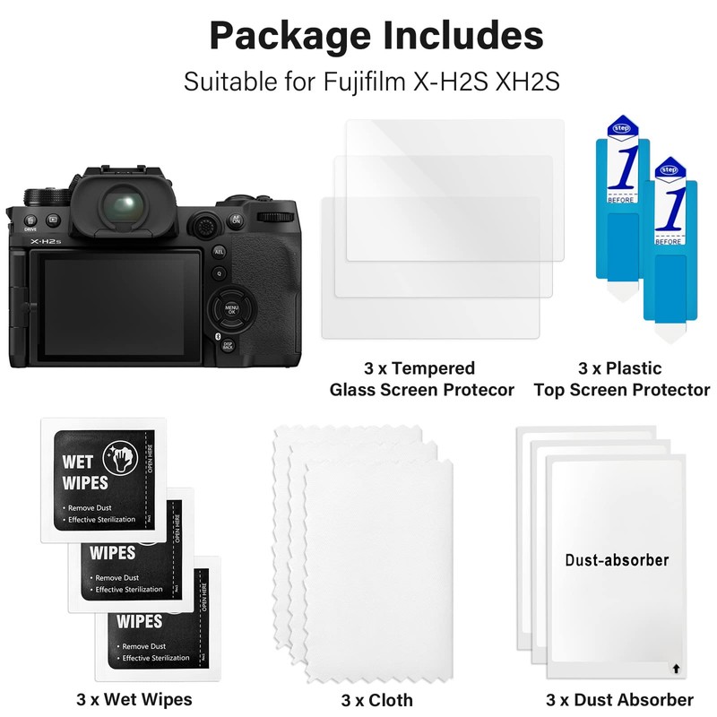 Rieibi 3-Pack Fuji X-H2S/X-H2 Screen Protector + Top Screen Protector