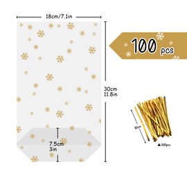 Lemonfilter 100pcs Christmas Cellophane Treat Bags, Snowflake Clear Flat Cello Candy Bags,Sweet Party Gift Bags OPP Plastic Bags with 100 Twist Ties for Candy Cookie Xmas Party Supplies (Gold)