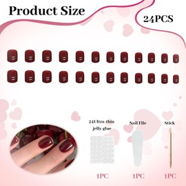 LunarCharm 24 Stück Burgunderrote einfarbige kurze quadratische Kunstnägel zum Aufdrücken, mit Gelkleber-Pads, Dunkelrote Acrylnägel für Frauen, natürliche kurze Nägel