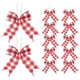 PATIKIL 4 Inch Mini Burlap Bows for Crafts, 12 Pcs Handmade Bow Knot Natural Decorative Ornament Bow Pre-Tied Christmas Bowknot for Festival Holiday Party Supplies, Red/White