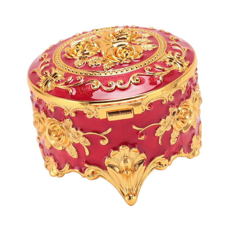 Vintage Metal Jewelry Box Round Exquisite Hand Carved Gold Flower