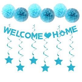 bng-bng Welcome Home Decorations Blue With Welcome Home Bunting Banner Star Swirls Tissue Pom Poms For Welcome Family Home Party Decorations Party Supplies