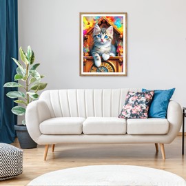 Lxmsja 5D Cat Clock Colorful Diamonds Painting Kits for Adults, DIY Diamond Art Kits, Full Round Drill Diamonds Dots Gem Art Kits, Home Wall Decor 12x16inch