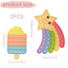 2 Pieces Pop It Toy, Plopper Toy, Push and Pop Bubble, Toy Anti-Stress Toy, Rainbow Star Ice Cream Fidget Toy Set for Children and Adults