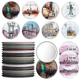 Bulyoou 36 Pcs New York Souvenir Travel Makeup Mirror Bulk Mini Round Hand Pocket Compact Mirror New York Travel Gift for Women Cosmetic Christmas Party Favors Birthday Trip Journey Gifts, 9 Styles