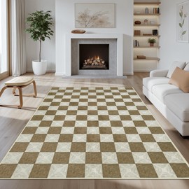 Kiginara Washable Brown Checkered Rug 5X7, Non-Slip Low Pile Area Rug for Living Room, Bedroom, Nursery, Modern Neutral Farmhouse Checkerboard Carpet, Pet & Kid Friendly
