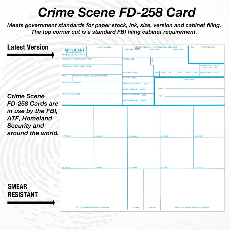 Crime Scene Fingerprint Cards, Applicant FD-258 (Pack of 50)
