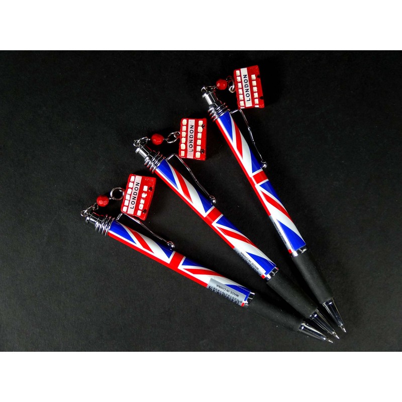 Pens Red Bus Charm Silver Clip Rollerball with Union Jack