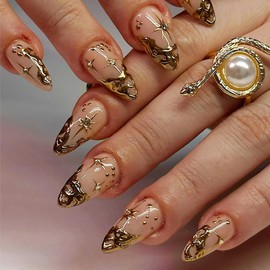 24PCS 3D Gold Curve Line Press on Nails Short Almond Shaped French Tip Full Cover Artificial Fake Fingernails Glossy Sun And Stars With Rhinestones Glitter Luxury Acrylic Fake Nails For Women Girls