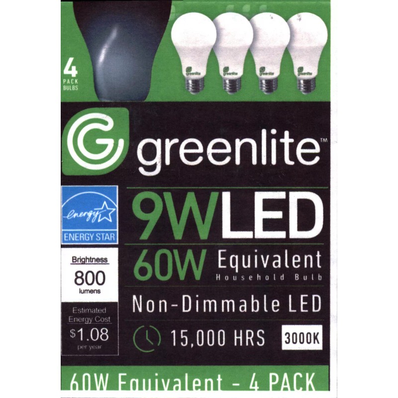 Greenlite 4 Pack 9W LED Light Bulbs GREENLITE 60Watt Equivalent