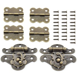SDTC Tech Retro Design Jewelry Box Antique Buckle Latch and Vintage Bronze Engraved Hinge with Matching Screws Kit for Decorative Cabinet Small Wooden Box Project (2X Hasp Catch + 4X Hinges)