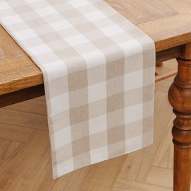 NATUS WEAVER Cotton Beige White 2 Piece Fabric in 1 Buffalo Check Farmhouse Decorative Table Runner for Family Dinners or Gatherings, Indoor or Outdoor Parties, Everyday Use (12 x 48)
