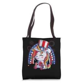 Unicorn Uncle Sam Hat US Flag Fourth 4th Of July Kids Girls Tote Bag