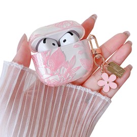 MINSCOSE Compatible with AirPods 4 Clear Case,Cute Pink Floral Flower Pattern Design with Floral Keychain, Soft TPU Protective Shockproof Cover for AirPods 4th Generation for Women Girls-Pink Leaves