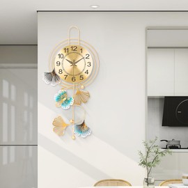 FILLOVE Elegant Metal Wall Clock with Silent Round dial and Gold and Blue Leaves, Modern Non-Walking Silent Metal Wall Clock for Living Room, Bedroom, Study, Office (25in*12in) (Gold Butterfly)