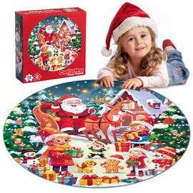 72 Pieces Christmas Puzzle for Kids 3-5 4-6 Age Floor Puzzles for Boys and Girls with Santa Claus Snowman Large Round Floor Jigsaw Puzzles