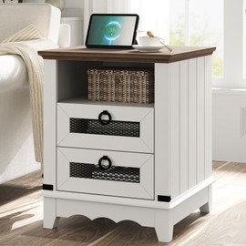 CABIHOME Nightstand Farmhouse Side Table 24" inch End Table Bedside Table with Charging Station Night Stand 2 Drawers Open Cubby Wood Sofa Side Table Living Room Bedroom