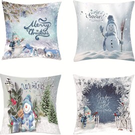 Rumkim Snowman Throw Pillow Covers 18x18 Christmas Winter Pillow Case Holiday Merry Christmas Cushion Case Christmas Tree Festival Decoration for Sofa Couch, Blue